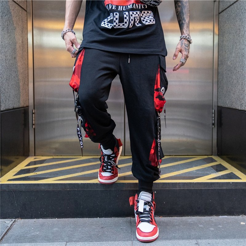 Black Red Techwear Cargo Pants