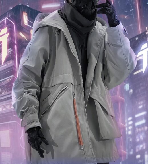 Man in cyberpunk hoodie pose in neon city