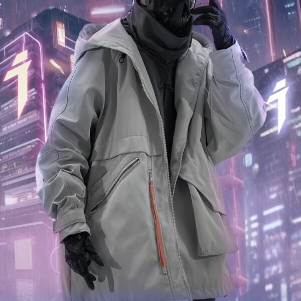 Man in cyberpunk hoodie pose in neon city